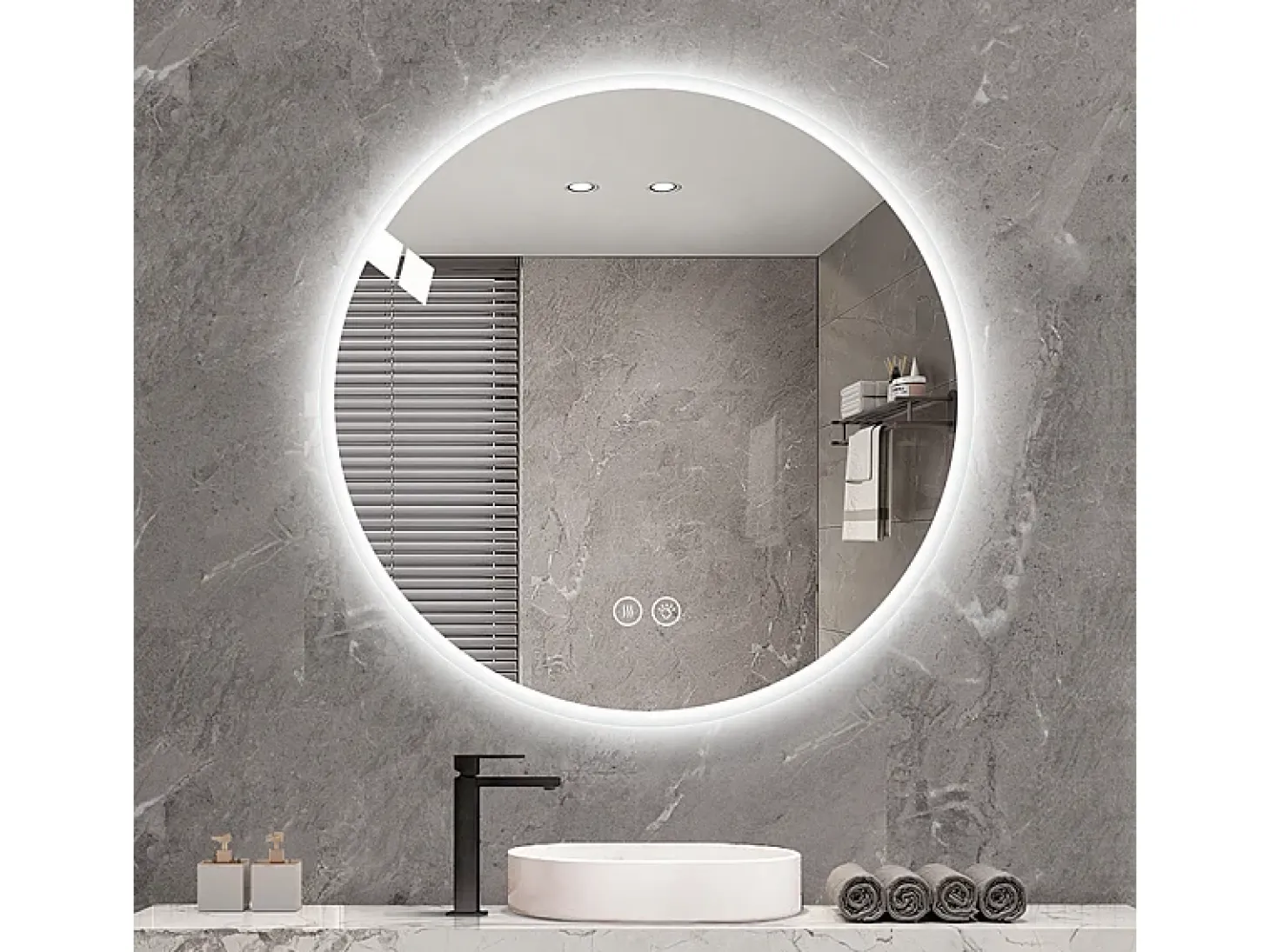 Espejo LED redondo de 70 cm con función antivaho y 3 configuraciones de temperatura - Vidrio y metal plateado