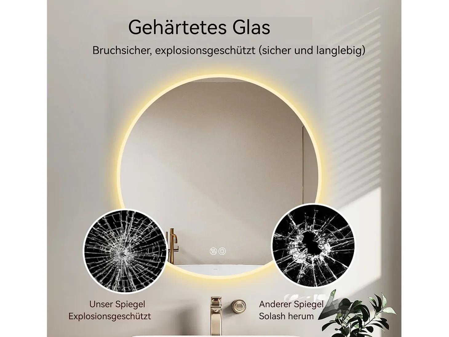 Espejo LED redondo de 70 cm con función antivaho y 3 configuraciones de temperatura - Vidrio y metal plateado