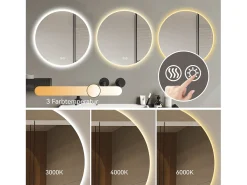 Espejo LED redondo de 70 cm con función antivaho y 3 configuraciones de temperatura - Vidrio y metal plateado