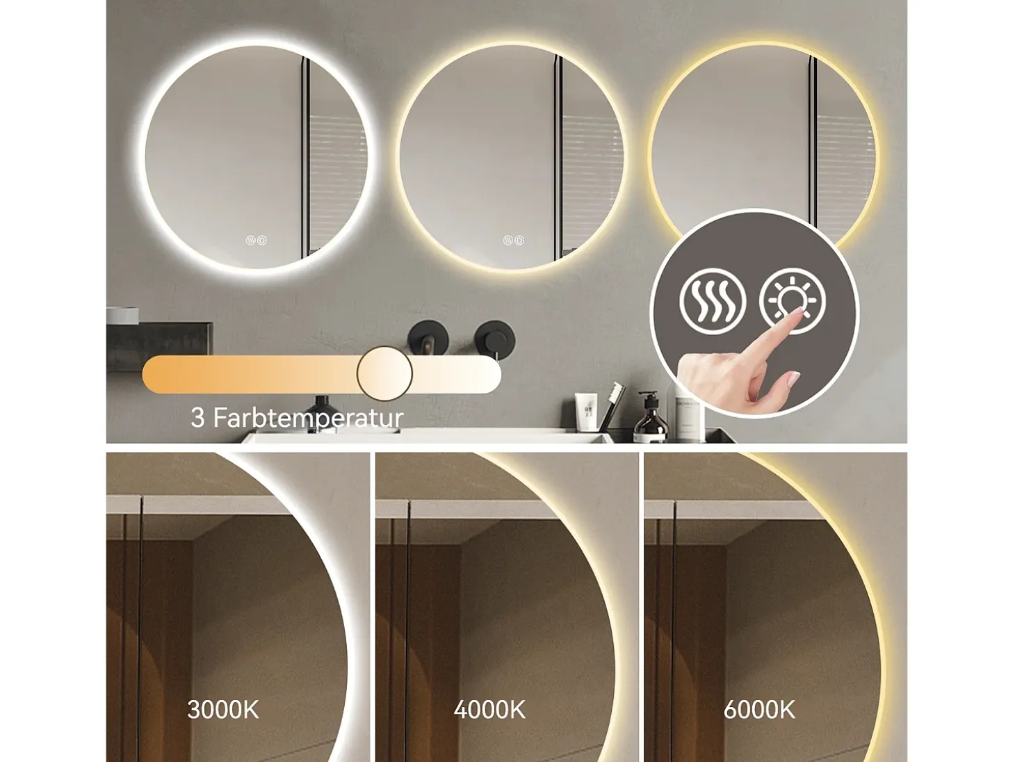 Espejo LED redondo de 70 cm con función antivaho y 3 configuraciones de temperatura - Vidrio y metal plateado
