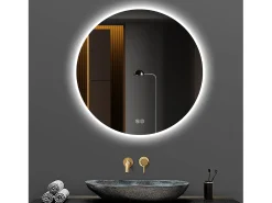 Espejo LED redondo de 70 cm con función antivaho y 3 configuraciones de temperatura - Vidrio y metal plateado