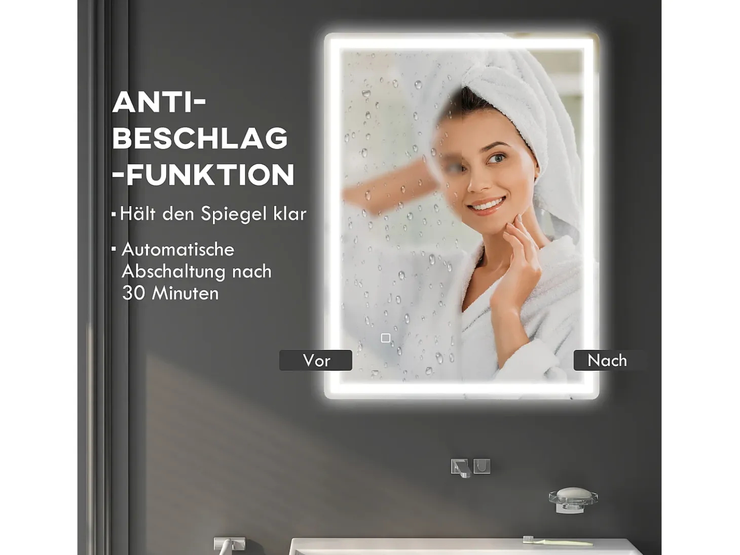 Espejo LED regulable con función antivaho, cristal, plateado (80x60x4 cm)