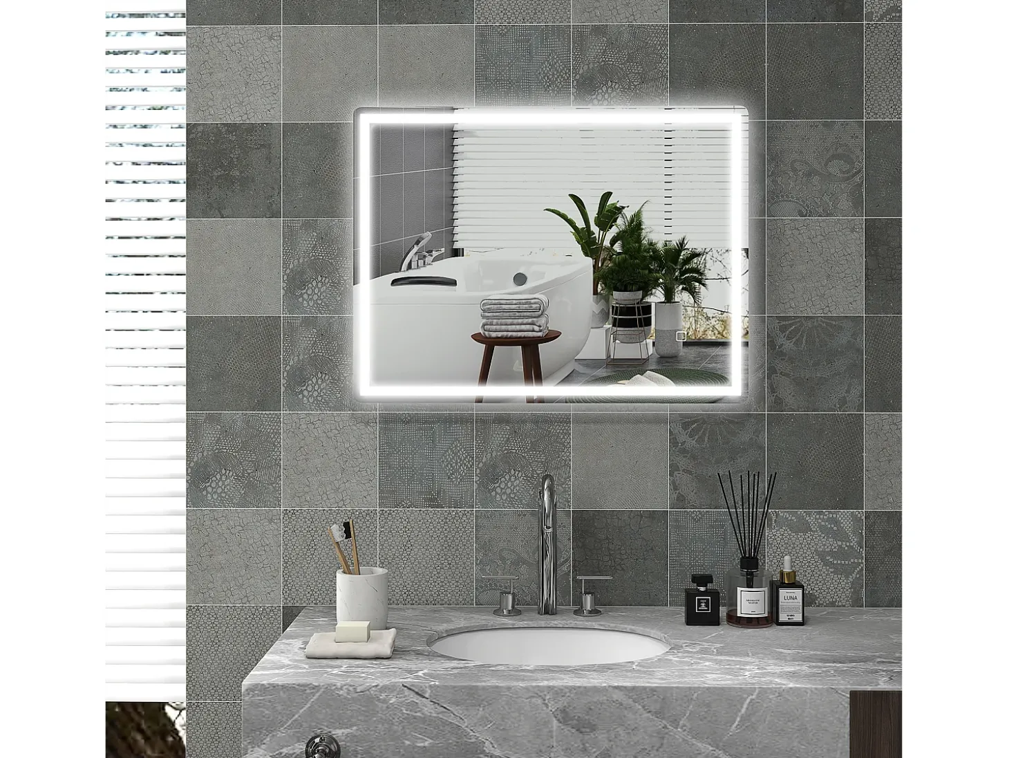 Espejo LED regulable con función antivaho, cristal, plateado (80x60x4 cm)