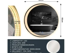 Espejo NETTLIFE con Iluminación Espejo de Baño Redondo LED Espejo de Baño IP44 60cm Espejo de Baño Redondo con Táctil