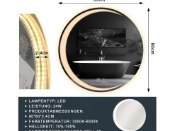 Espejo NETTLIFE con Iluminación Espejo de Baño Redondo LED Espejo de Baño IP44 80cm Espejo de Baño Redondo con Táctil