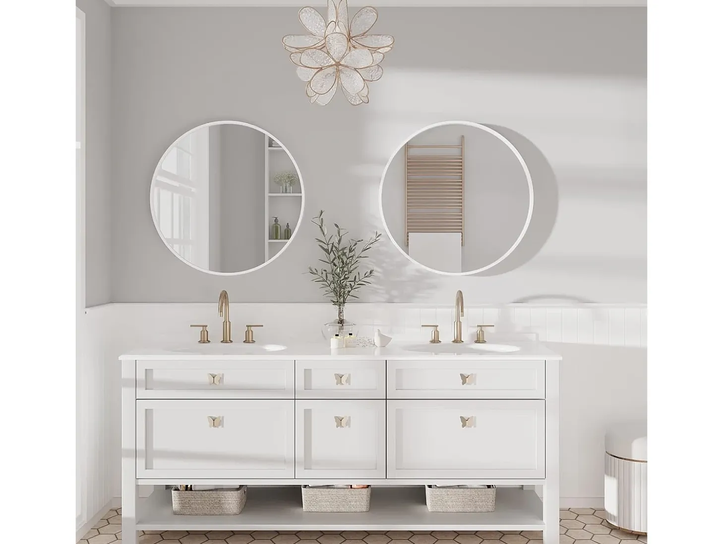 Espejo redondo de pared, espejo HD moderno de 60x60cm en el entorno para decorar, baño, dormitorio, blanco