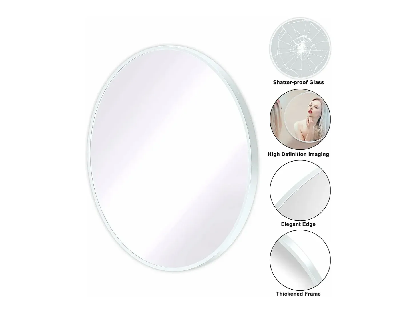 Espejo redondo de pared, espejo HD moderno de 60x60cm en el entorno para decorar, baño, dormitorio, blanco