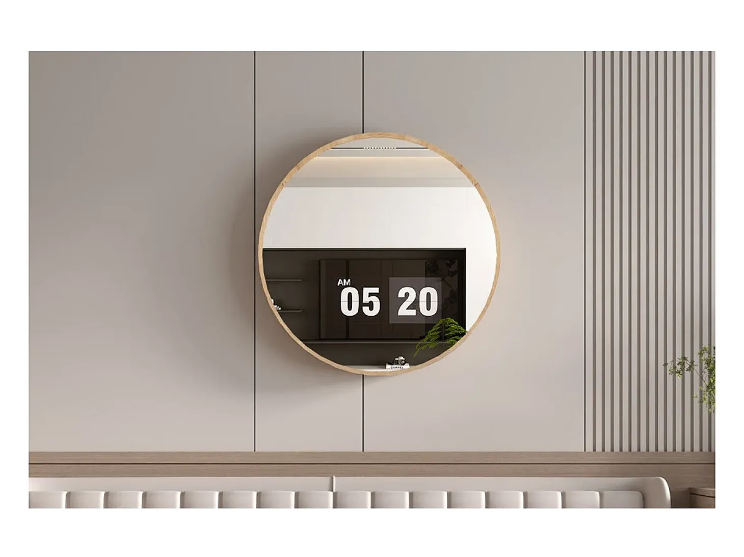 Espejo redondo RIO con borde – Ø80 cm – Acabado en roble envejecido – Marco grueso – Diseño natural y moderno