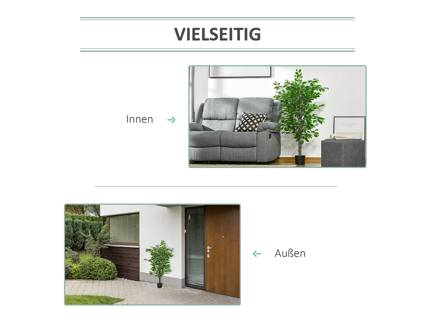 Ficus artificial grande, plástico resistente, maceta de cemento, verde natural (15x15x135cm)