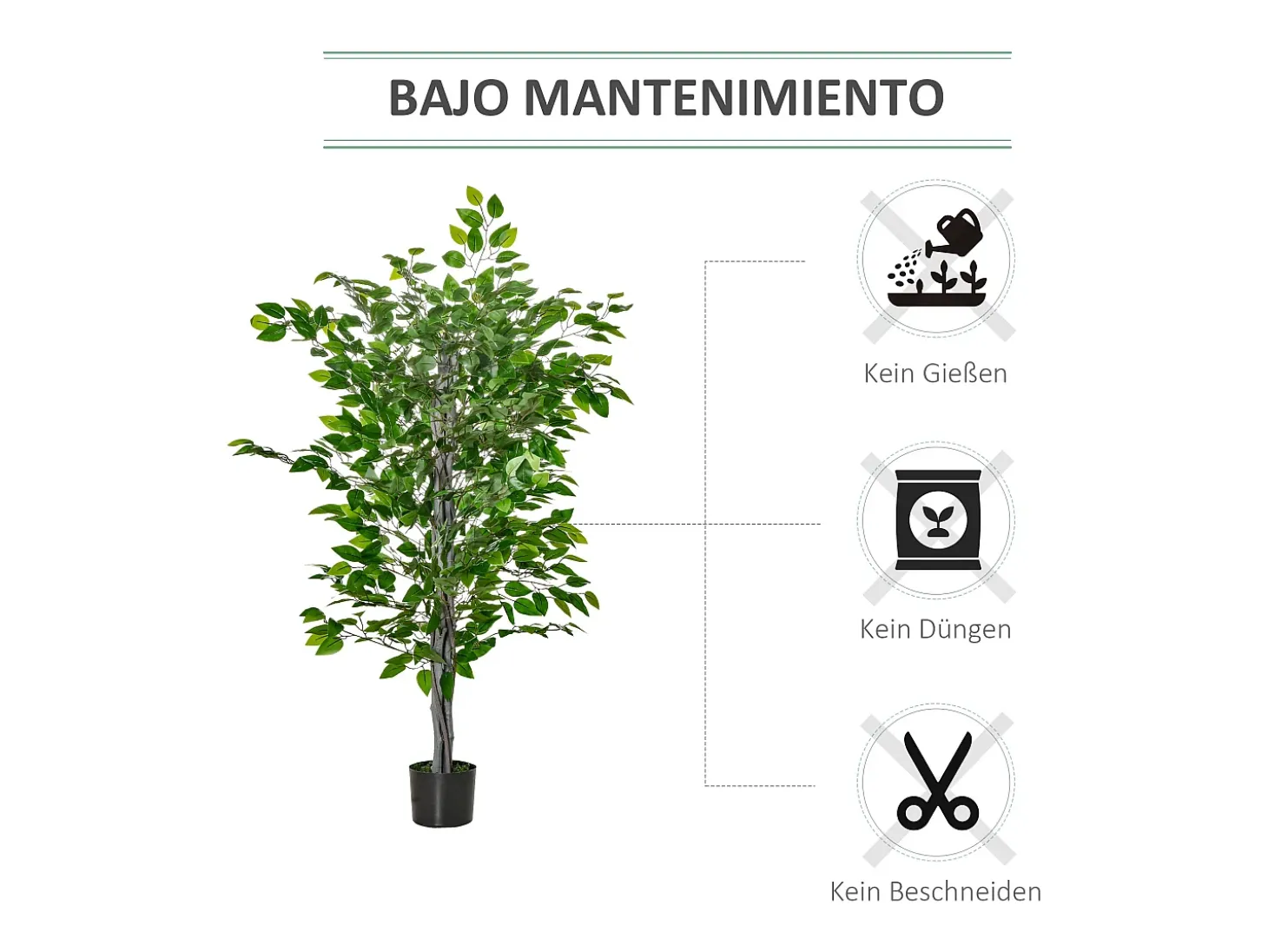 Ficus artificial grande, plástico resistente, maceta de cemento, verde natural (15x15x135cm)