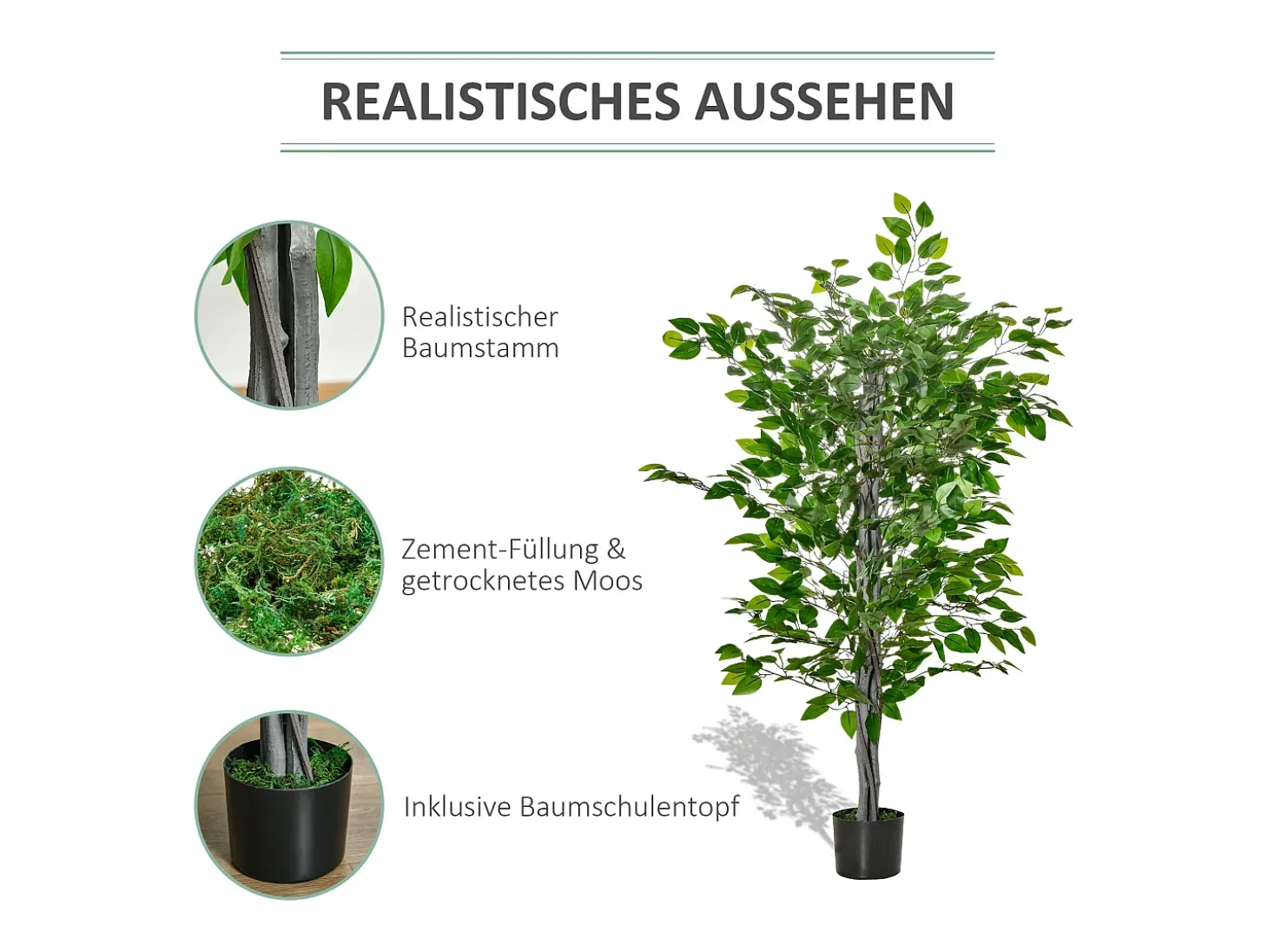 Ficus artificial grande, plástico resistente, maceta de cemento, verde natural (15x15x135cm)