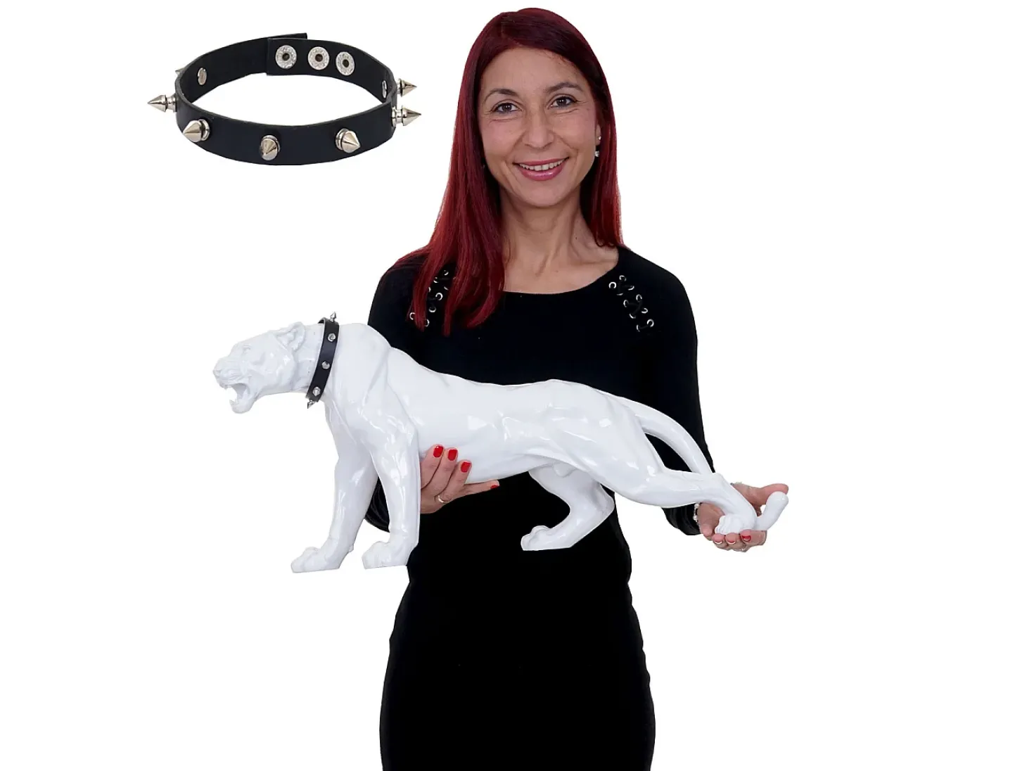 Figurita decorativa pantera con collar, blanco alto brillo con collar