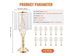 Florero SucceBuy - Juego de 12 Jarrones de Cristal de 49 cm, Dorados, con Diseño Floral, para Bodas y Ceremonias, Metal/Dorado