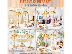 Florero SucceBuy - Juego de 12 Jarrones de Cristal de 49 cm, Dorados, con Diseño Floral, para Bodas y Ceremonias, Metal/Dorado