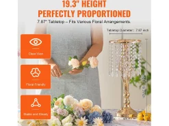 Florero SucceBuy - Juego de 12 Jarrones de Cristal de 49 cm, Dorados, con Diseño Floral, para Bodas y Ceremonias, Metal/Dorado