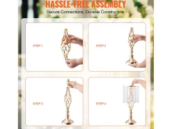 Florero SucceBuy - Juego de 12 Jarrones de Cristal de 49 cm, Dorados, con Diseño Floral, para Bodas y Ceremonias, Metal/Dorado