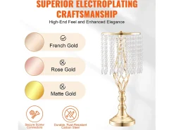 Florero SucceBuy - Juego de 12 Jarrones de Cristal de 49 cm, Dorados, con Diseño Floral, para Bodas y Ceremonias, Metal/Dorado