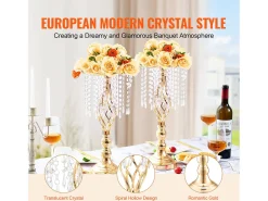 Florero SucceBuy - Juego de 12 Jarrones de Cristal de 49 cm, Dorados, con Diseño Floral, para Bodas y Ceremonias, Metal/Dorado