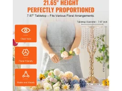 Florero SucceBuy 10 Soporte para Flores de Cristal para Boda de 55 cm de Alto, con Jarrones Dorados de Metal para Decorar. Sé Testigo de Tus Momentos Felices