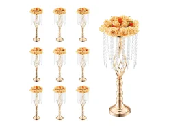 Florero SucceBuy 10 Soporte para Flores de Cristal para Boda de 55 cm de Alto, con Jarrones Dorados de Metal para Decorar. Sé Testigo de Tus Momentos Felices