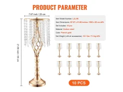 Florero SucceBuy 10 Soporte para Flores de Cristal para Boda de 55 cm de Alto, con Jarrones Dorados de Metal para Decorar. Sé Testigo de Tus Momentos Felices