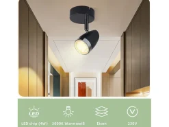 Foco de techo LED NETTLIFE, 1 bombilla moderna, 4 W, negro, blanco cálido, 3000 K, ajustable 350°