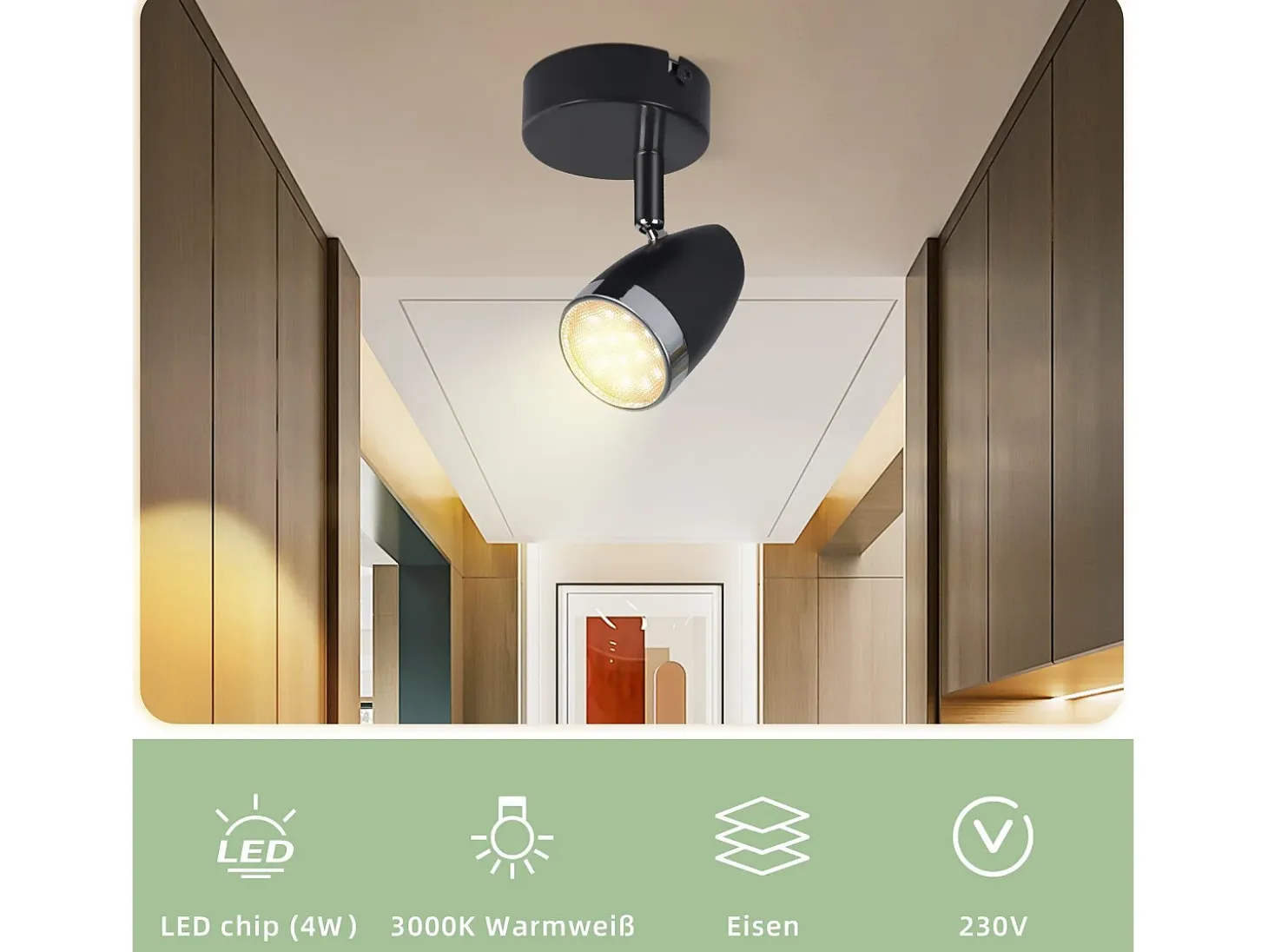 Foco de techo LED NETTLIFE, 1 bombilla moderna, 4 W, negro, blanco cálido, 3000 K, ajustable 350°