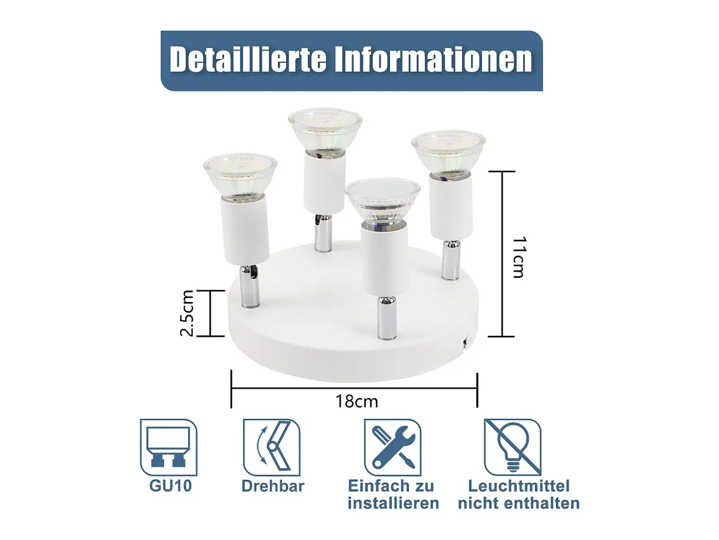 Foco de techo LED NETTLIFE blanco Focos de techo - Lámpara de techo de metal GU10 orientable de 4 llamas Moderna