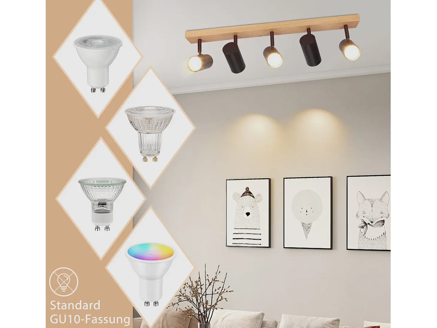 Foco de techo NETTLIFE de 5 focos, madera negra, estilo vintage, GU10, orientable 350°