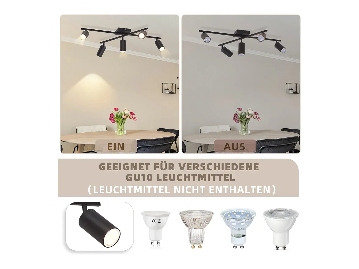Foco de techo NETTLIFE negro, lámpara de techo GU10 de 5 luces, lámpara moderna para sala de estar, cocina y dormitorio