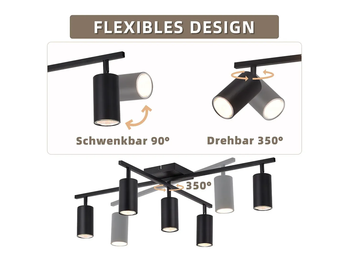 Foco de techo NETTLIFE negro, lámpara de techo GU10 de 5 luces, lámpara moderna para sala de estar, cocina y dormitorio