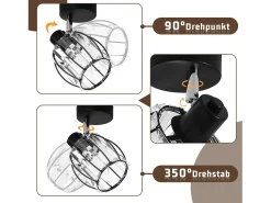 Foco de techo vintage de cristal negro E14 para pasillo, ajustable a 350°, industrial, intercambiable