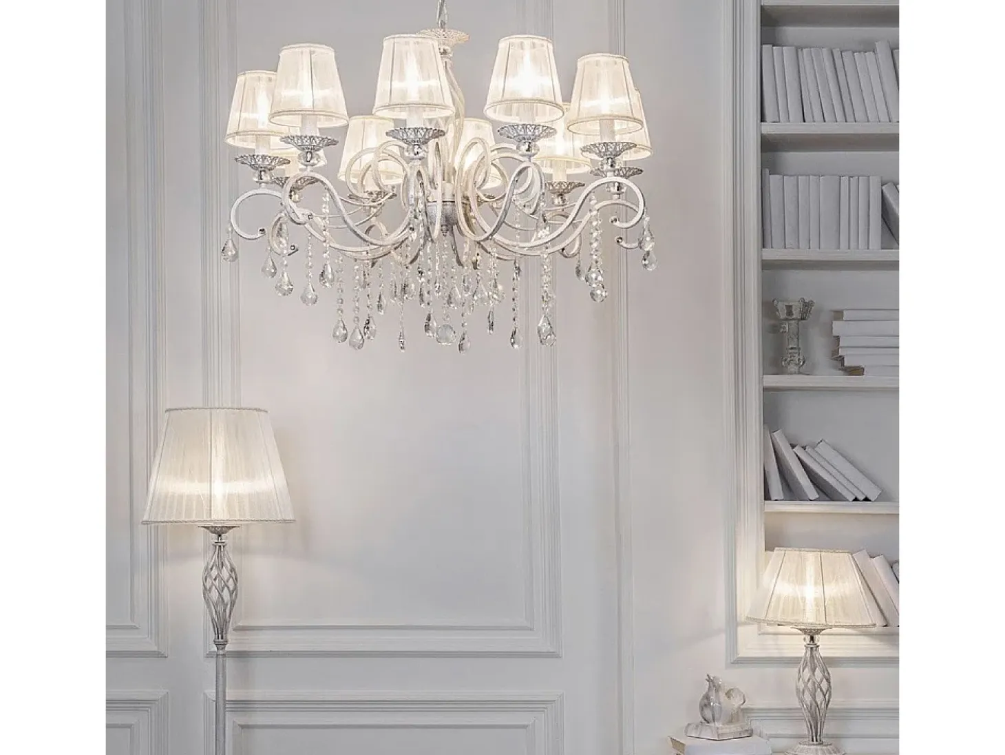 Grace Lámpara de araña blanca con oro y cristal, 10 luces, E14