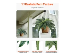 Helecho Artificial SucceBuy, Pack de 2, Helecho Falso de Boston 80-86 cm, 30 Hojas, Colgante, Decoración Interior/Exterior, Hogar/Oficina, Maceta No Incluida