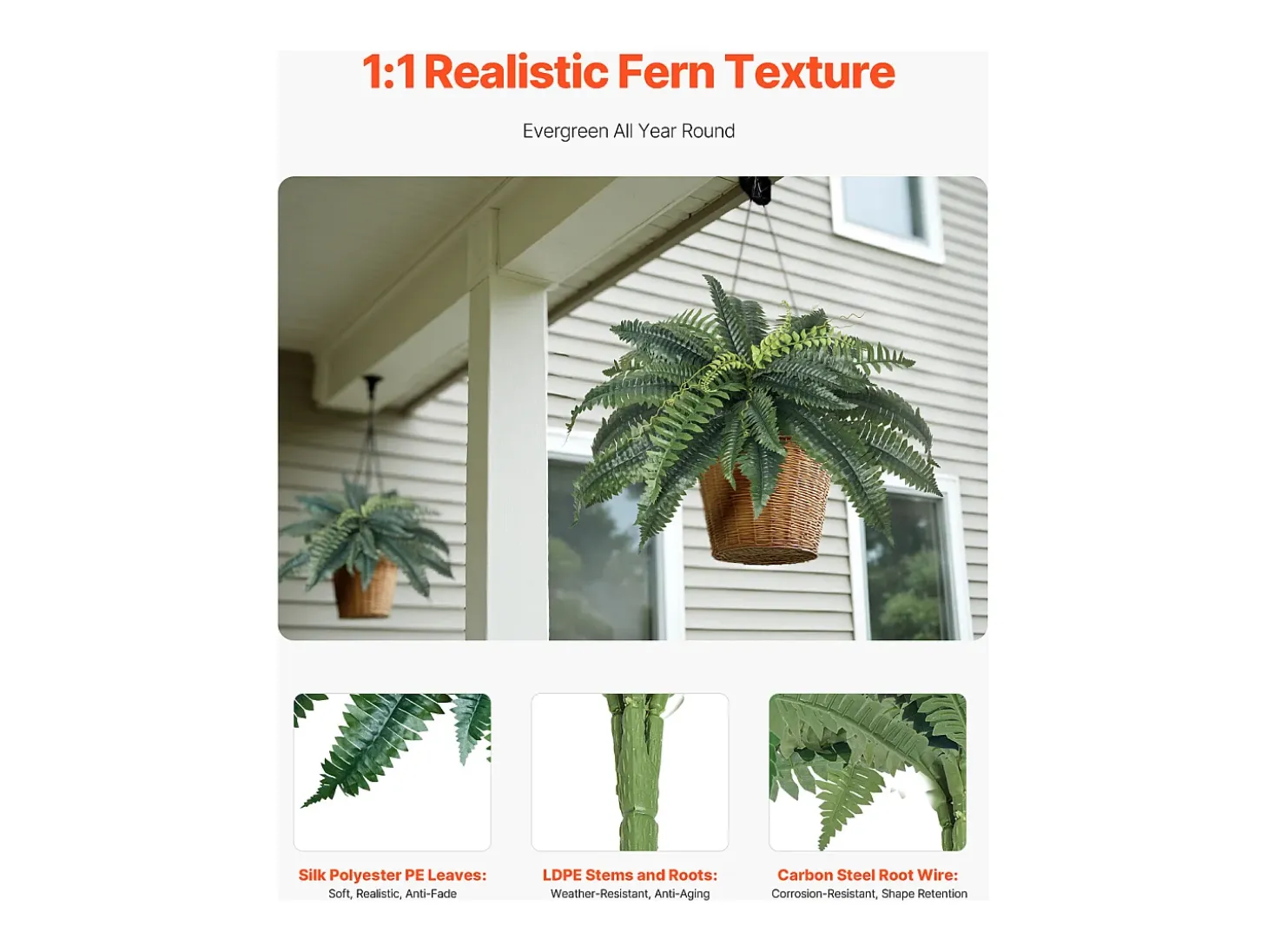 Helecho Artificial SucceBuy, Pack de 2, Helecho Falso de Boston 80-86 cm, 30 Hojas, Colgante, Decoración Interior/Exterior, Hogar/Oficina, Maceta No Incluida