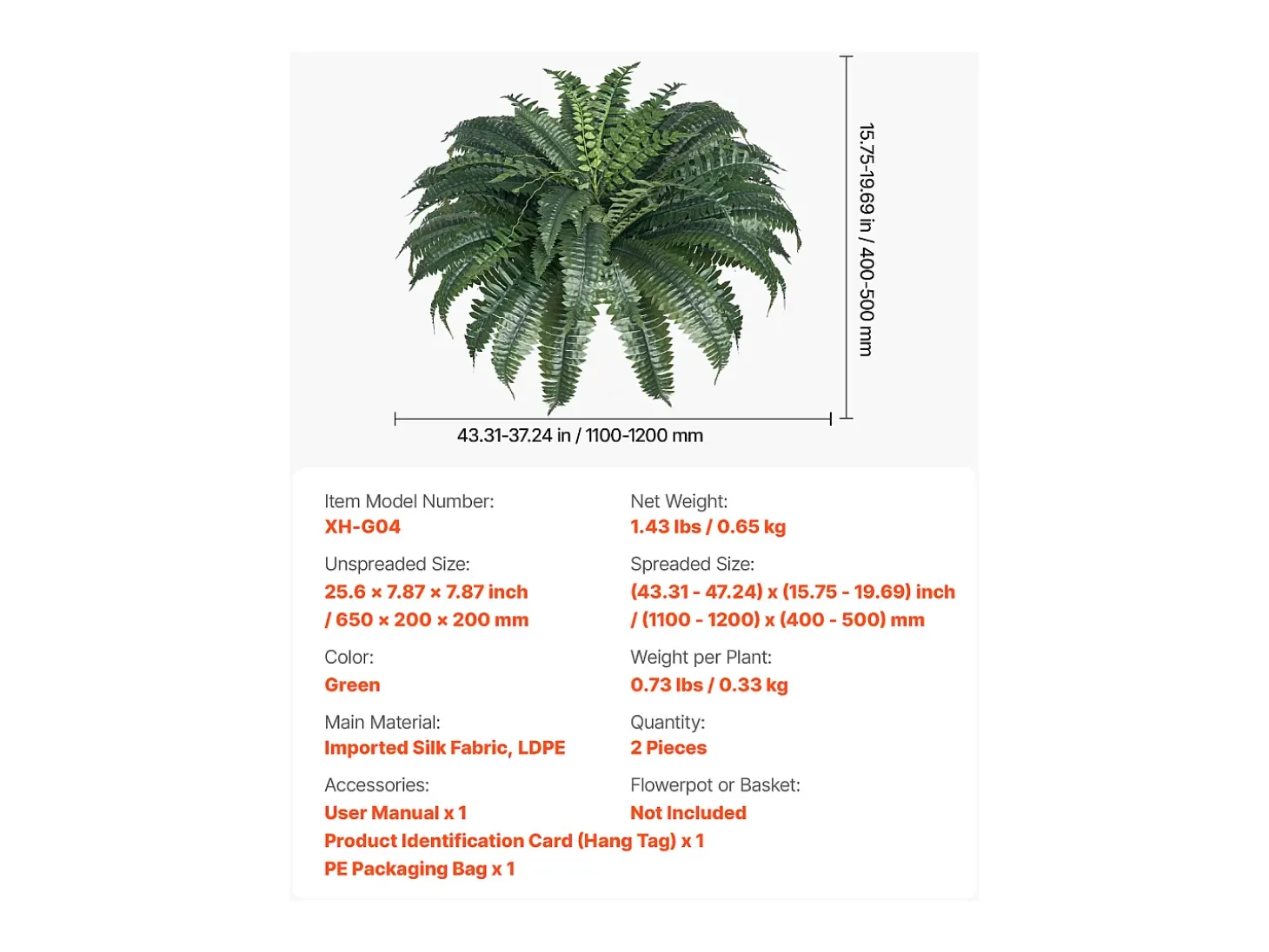 Helecho Artificial SucceBuy, Pack de 2, Helecho Falso de Boston 110-120 cm, 50 Hojas, Colgante, Decoración Interior/Exterior, Hogar/Oficina, Maceta No Incluida