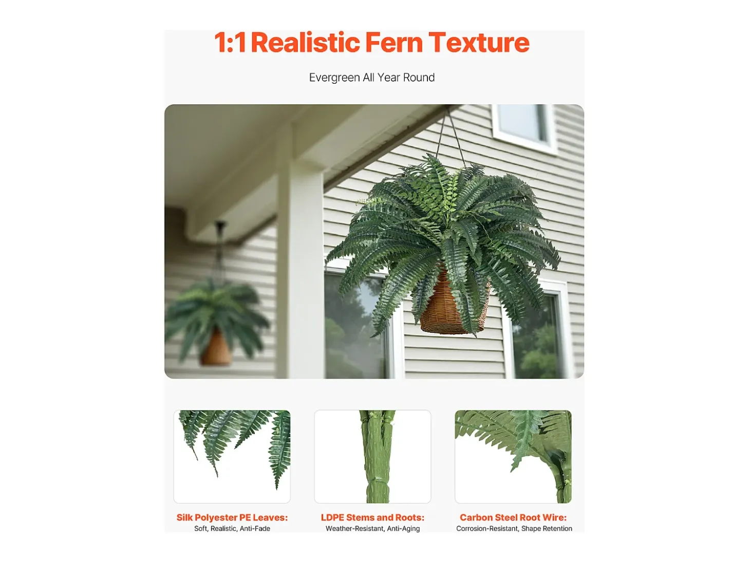 Helecho Artificial SucceBuy, Pack de 2, Helecho Falso de Boston 110-120 cm, 50 Hojas, Colgante, Decoración Interior/Exterior, Hogar/Oficina, Maceta No Incluida