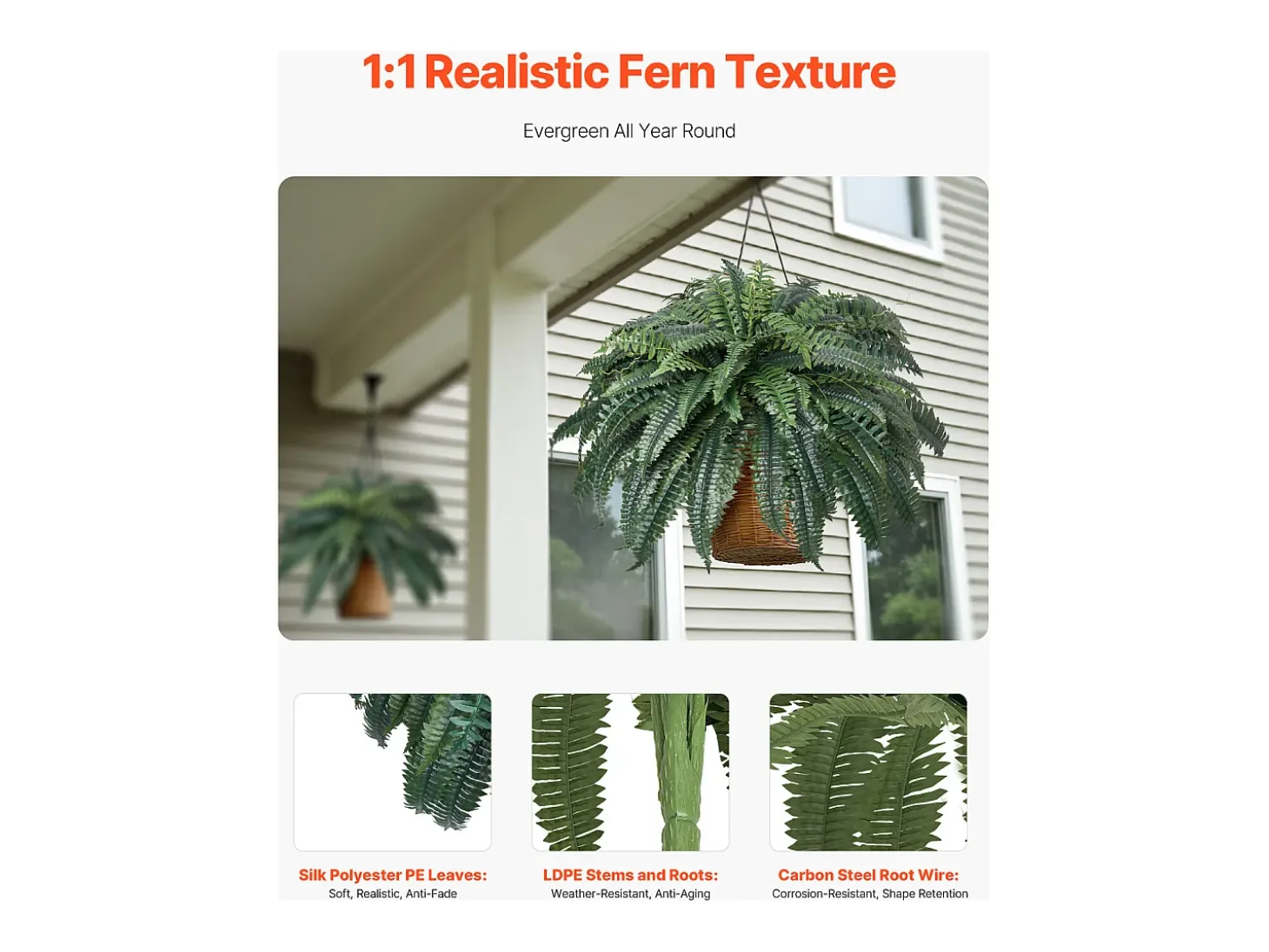 Helecho Artificial SucceBuy, Helecho Falso de Boston 110-120 cm, 88 Hojas, Grande Colgante, Decoración Interior/Exterior, Hogar/Oficina, Maceta No Incluida