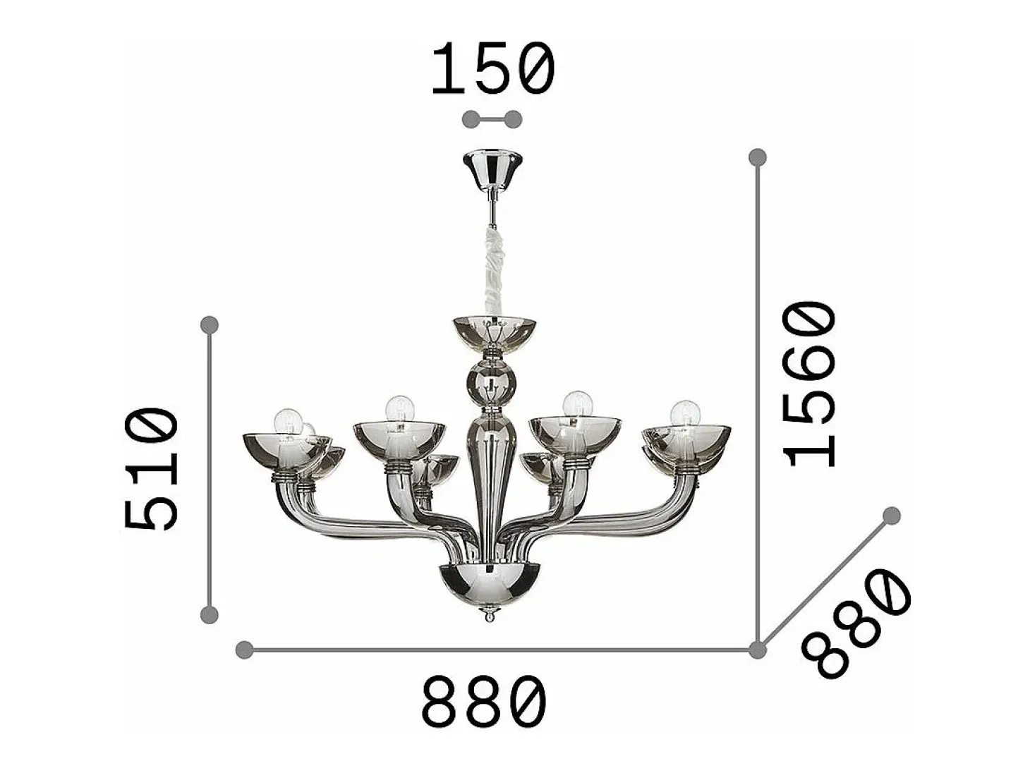 Ideal Lux Casanova - Lámpara de araña de 8 luces con brazos múltiples, vidrio transparente, E14