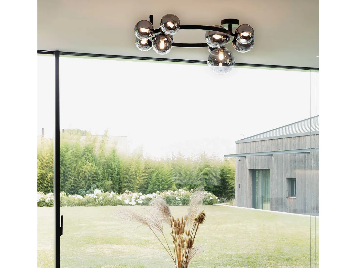 Ideal Lux PERLAGE Lámpara de techo con forma de globo, 10 luces, color negro, pantalla gris ahumado