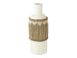 Jarrón de cerámica blanco con motivos terracota/hierbas 28x28x75 cm
