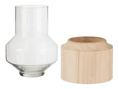 Jarrón de madera clara y vidrio de 31 cm de altura