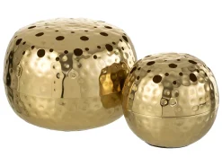 Jarrón redondo con agujeros de metal dorado 23x23x9 cm