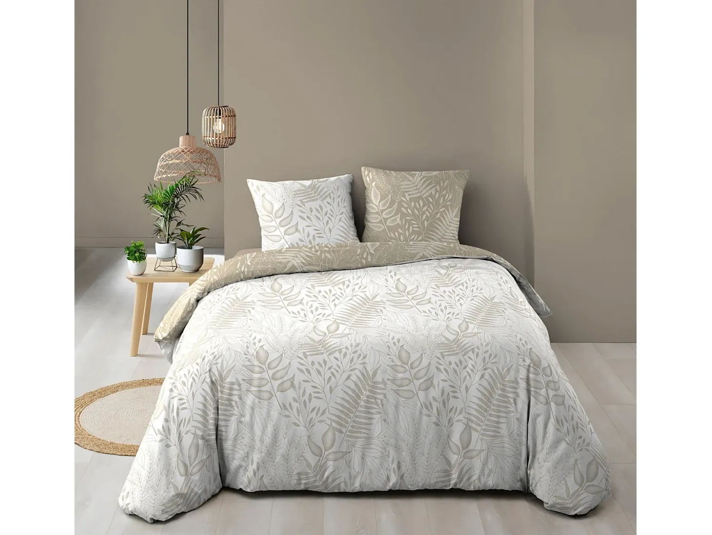 Juego de cama Cassia 260x240 cm 100% algodón reversible taupe con 2 fundas 63x63 cm, tejido 57 hilos/cm², certificado Oeko-Tex