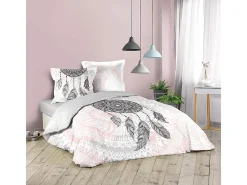 Juego de Cama de 3 Piezas Namasté 200x200 cm en Algodón 100% Rosa con Estampado de Atrapasueños