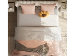 Juego de cama de 3 piezas, incluye 2 fundas de almohada (80 x 80 cm), 1 sábana bajera (140 x 200 cm) + 1 funda nórdica (140 x 210 cm), Blanco + Rosa, poliéster