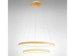 Krizia - Lámpara colgante doble LED regulable 88W - 6300lm, luz cálida 3000K, aros oro cepillado, difusor opal, IP20, d. 60+80cm