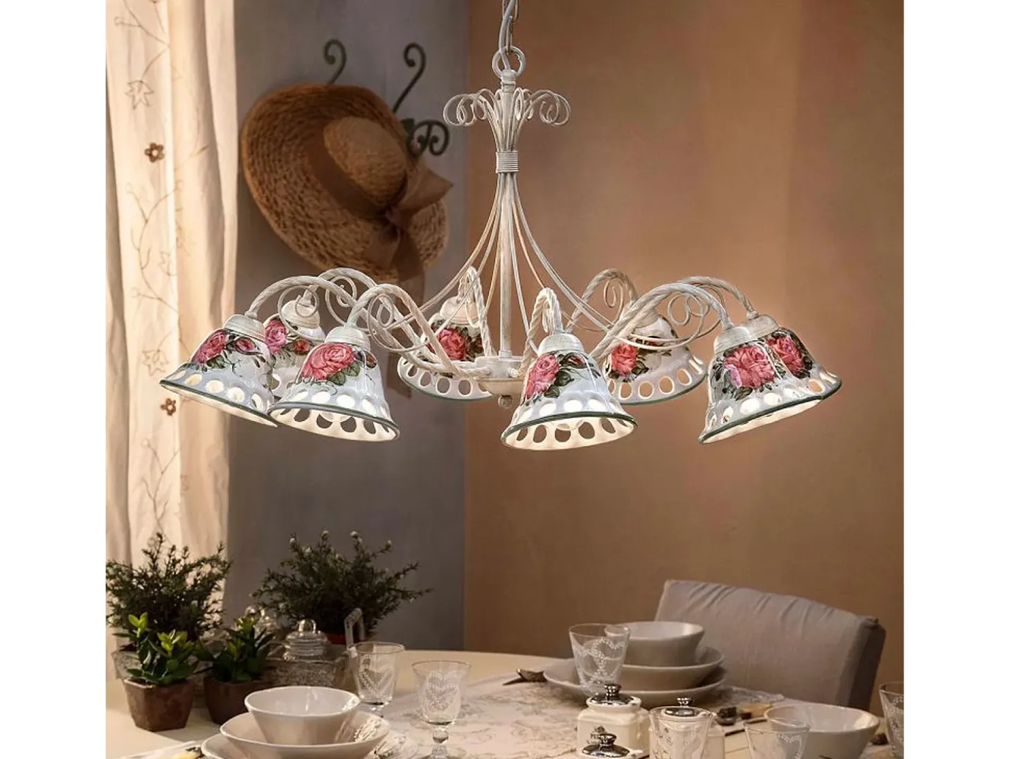 Lampadario Classico Napoli Metallo E Ceramica Bianco Sfumato Oro 8 Luce E14