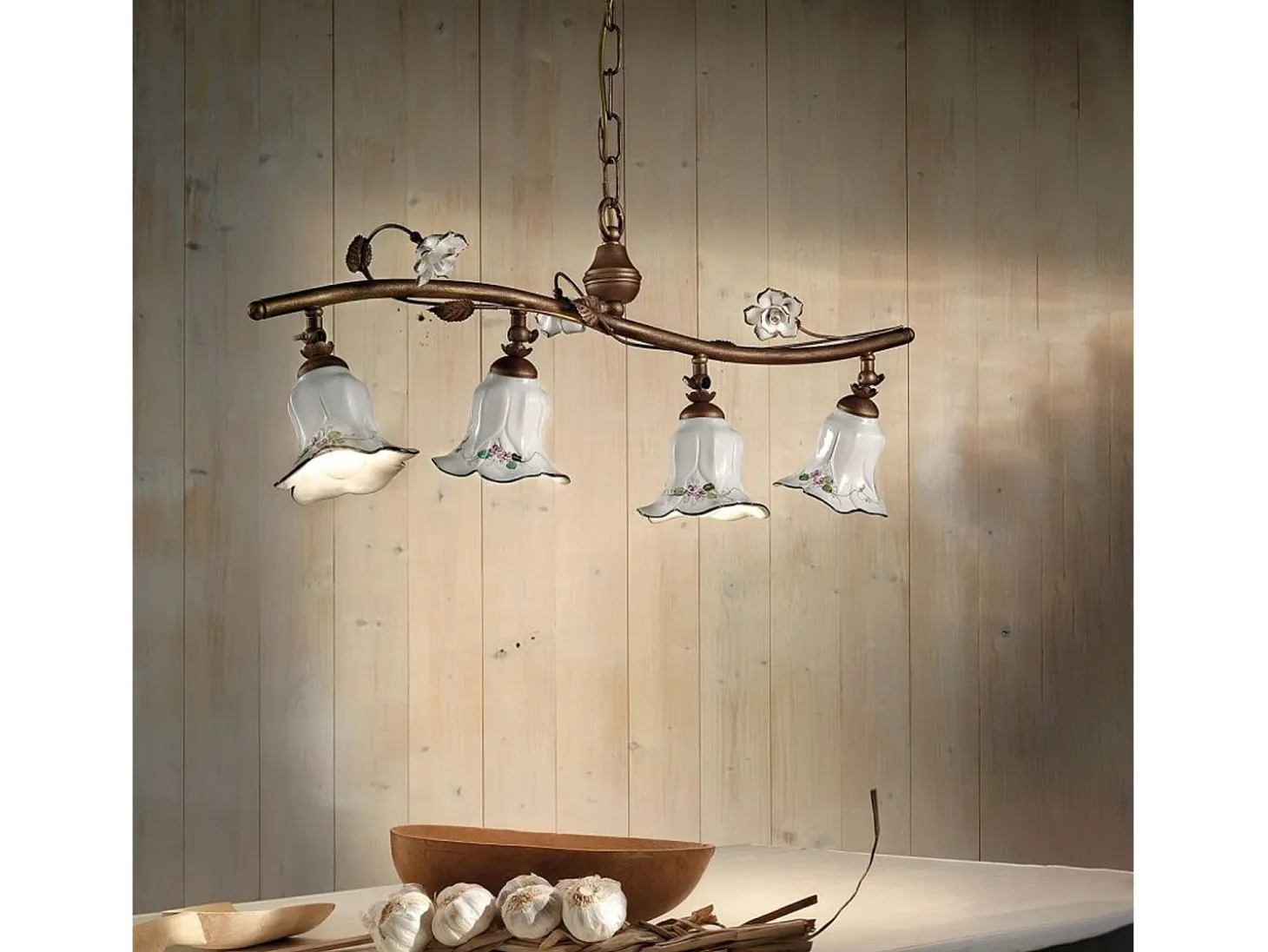 Lampadario Classico Pisa Metallo E Ceramica Ruggine Sfumato Oro 4 Luci E14