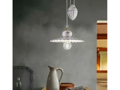 Lampadario Classico Roma Ceramica E Ottone Satinato Decorato Filo Blu 1 Luce E27